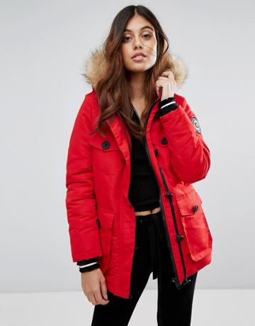 Brave Soul Riverdale Heavy Parka With Rubberised Trims - Red