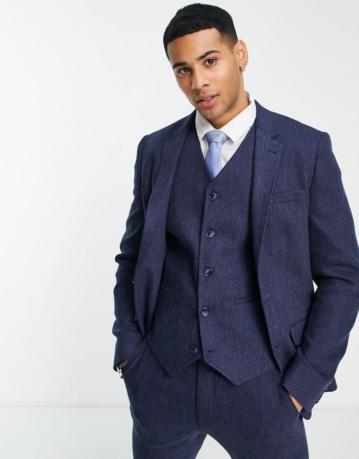 Asos Design Super Skinny Wool Mix Suit Jacket In Navy Herringbone