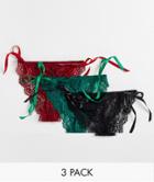 Asos Design 3 Pack Lace Tie Side Brazilian In Red Forest Green & Black-multi