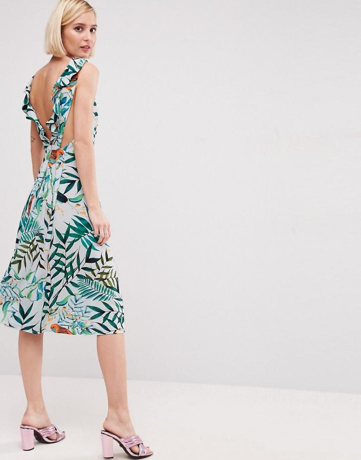 Asos Parrot Tropical Ruffle Back Midi Dress - Multi