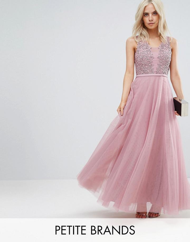 Little Mistress Petite Floral Applique Top Maxi Prom Dress - Pink