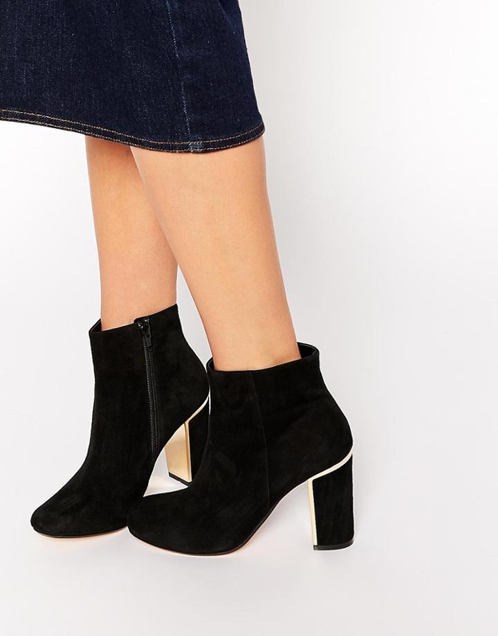 Dune Otta Black Suede Gold Detail Block Heel Boots - Black