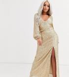 Club L London Petite Long Sleeve Maxi Dress With Thigh Split In Gold