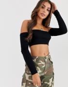 Asos Design Long Sleeve Off Shoulder Rib Super Crop Top In Black