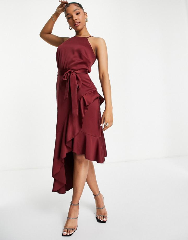 Style Cheat Halter Neck Ruffle Midi Dress In Plum-red