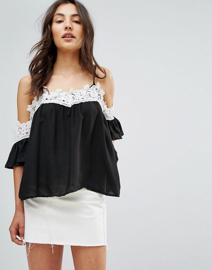 Qed London Lace Neck Trim Top - Black