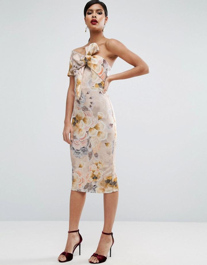 Asos Tapestry Floral Bow One Shoulder Midi Dress - Multi