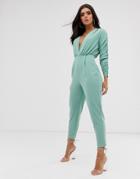 Asos Design Deep Plunge Jumpsuit With Gathered Sleeve Detail-green