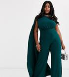 Club L London Plus One Shoulder Drape Detail Jumpsuit In Teal-blue