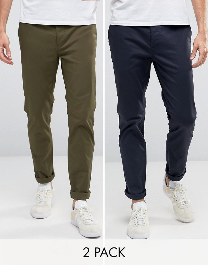 Asos 2 Pack Slim Chinos In Khaki & Navy Save-multi