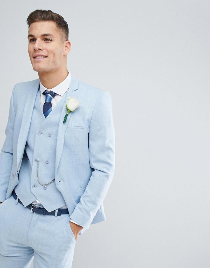 Asos Wedding Skinny Suit Jacket In Soft Blue Cross Hatch With Printed Lining - Blue