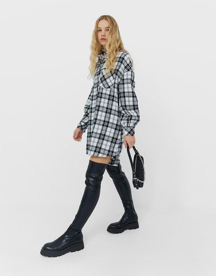 Stradivarius Oversized Boyfriend Shirt Dress In Gray Plaid-grey