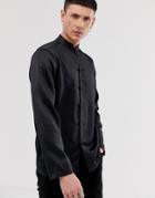 Asos Design Regular Fit Satin Manderin Collar Shirt In Black - Black