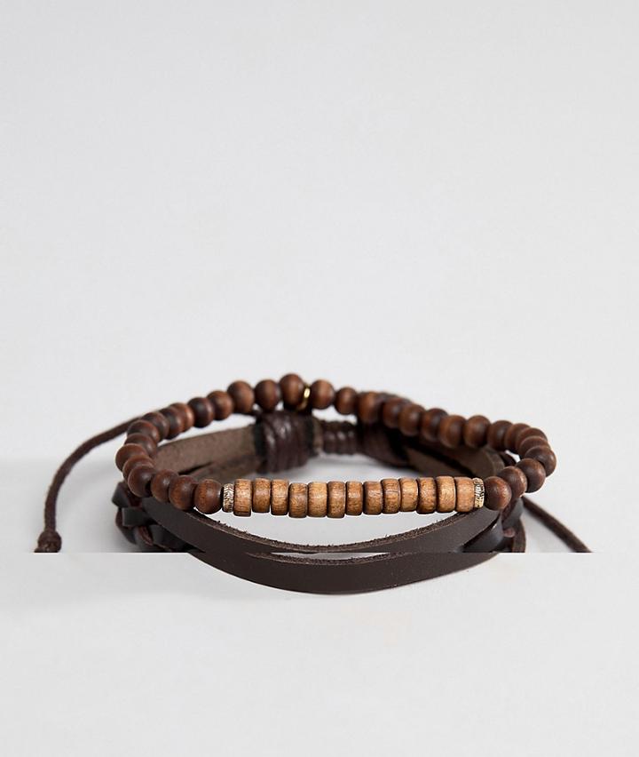 Icon Brand Brown Leather & Beaded Bracelet In 2 Pack - Brown