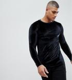 Asos Tall Longline Muscle Long Sleeve T-shirt In Velour With Curve Hem In Black - Black