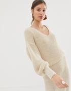 Asos Design Two-piece V Neck Sweater With Volume Sleeve-stone