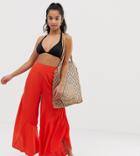 Asos Design Petite Split Frill Wide Leg Beach Pants In Burnt Orange