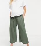 Asos Design Maternity Linen Look Culotte Pant In Khaki-green