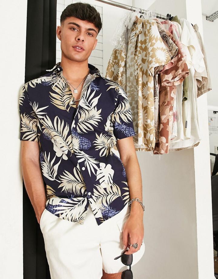 Only & Sons Shirt With Palm & Pineapple Print In Navy