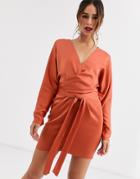 Asos Design Mini Dress With Batwing Sleeve And Wrap Waist In Satin-brown