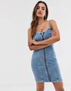 River Island Denim Dress With Zip Front In Light Wash-blue