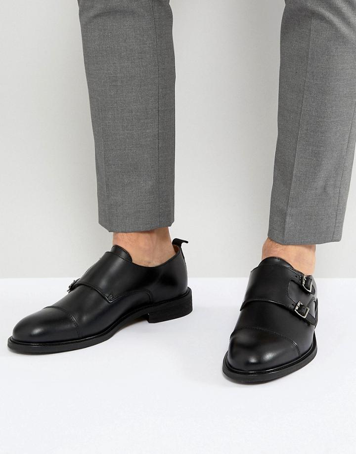 Selected Homme Leather Double Monk Shoes - Black