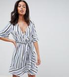 Influence Tall Stripe Wrap Dress With Ruffle Detail - Blue