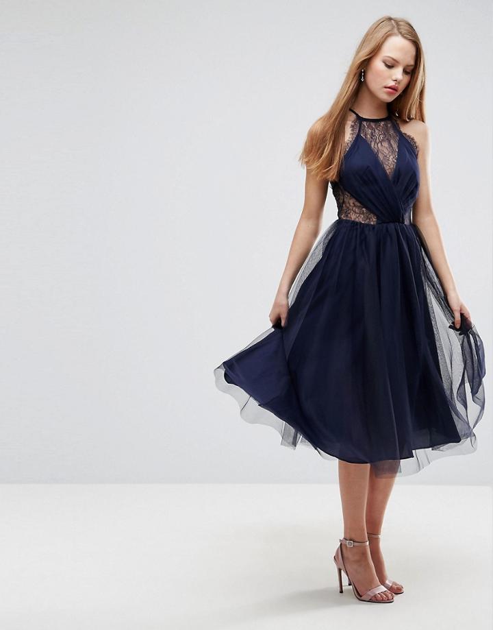 Asos Lace Paneled Tulle Mesh Midi Dress - Navy