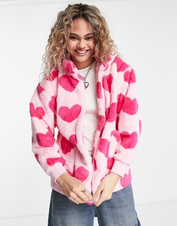 Heartbreak Faux Fur Jacket In Heart Print-pink