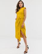 Asos Design Sleeveless Modern Midi Dress With Drape Detail In Texture - Yellow