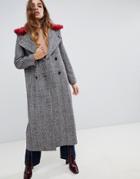Neon Rose Maxi Coat In Checked Tweed With Faux Fur Collar - Gray
