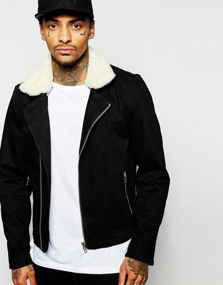 Asos Denim Jacket With Fleece Collar In Black Wash - Black