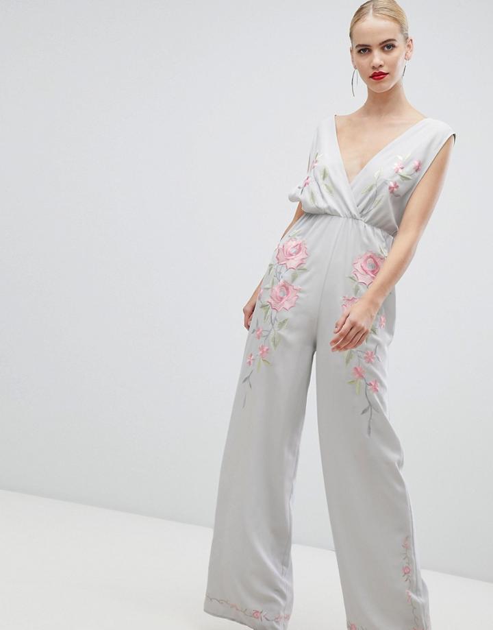 Asos Design Jumpsuit With Wide Leg And Embroidery-blue