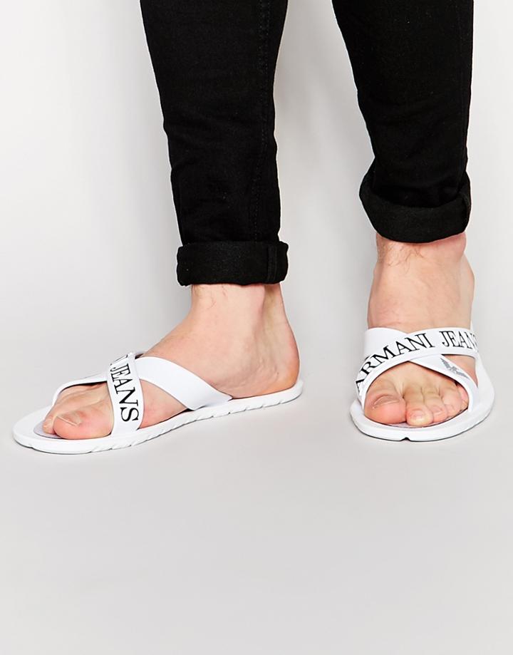Armani Jeans Logo Cross Over Flip Flops - White