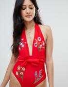 Asos Design Embroidered Floral Tie Front Swimsuit In Red - Red