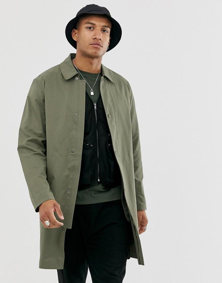Asos Design Single Breasted Trench Coat In Khaki - Green