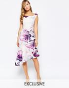 True Violet Off Shoulder Pencil Dress With Asymmetric Ruffle Hem - Purple Floral Print