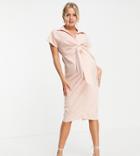 Asos Design Maternity Collared Wrap Front Midi Dress With Knot-pink