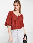 Asos Design Blouson Top With Tie Neck In Rust-brown
