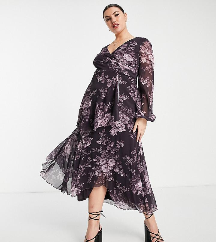 Asos Design Curve Wrap Waist Midi Dress With Double Layer Skirt In Vintage Floral-multi