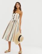 Asos Design Bandeau Midi Sundress With Coconut Buttons In Stripe-multi