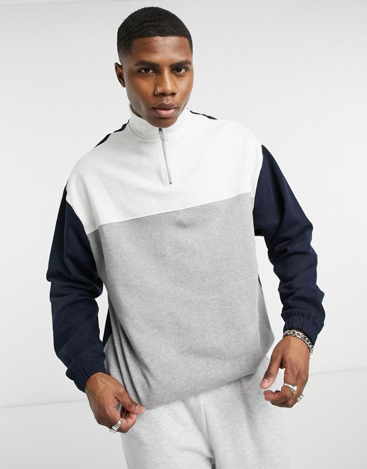 Asos Design Oversized Sweatshirt With Half Zip In Gray Marl Color Blocking-grey