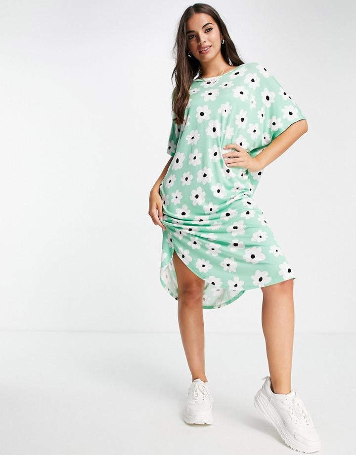 Monki Roma Floral T-shirt Dress In Green