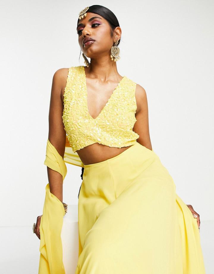 Maya Delicate Sequin Embellished Lehenga Crop Top In Yellow-green