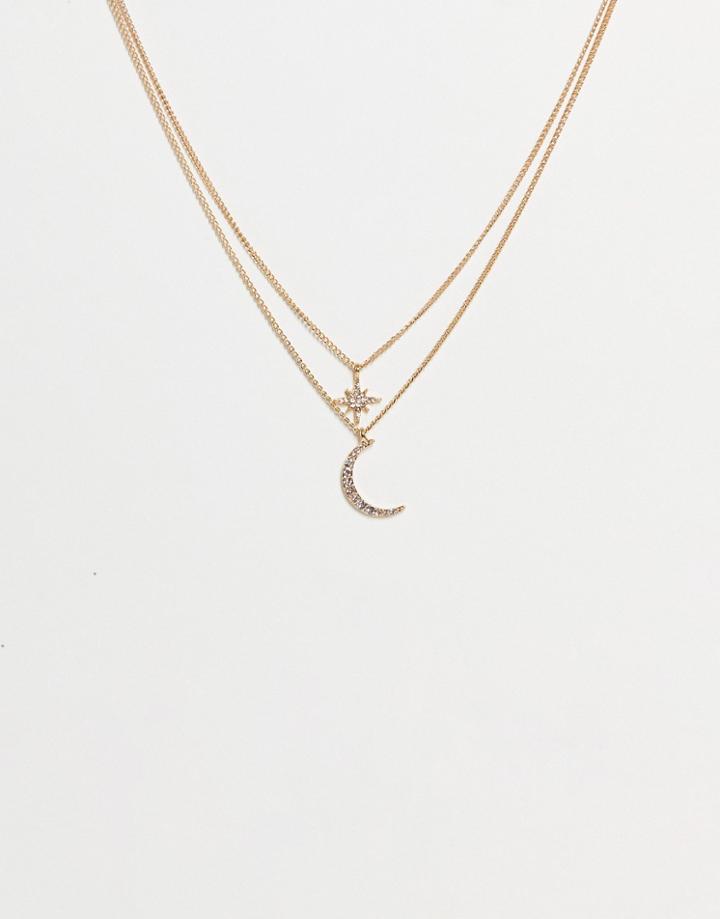 Asos Design Multirow Necklace With Celestial Star And Moon In Gold Tone