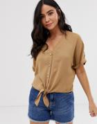 New Look Button Down Tie Front Blouse In Camel - Tan
