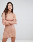 Asos Mini Rib Bodycon Dress With Frill Cuffs-brown