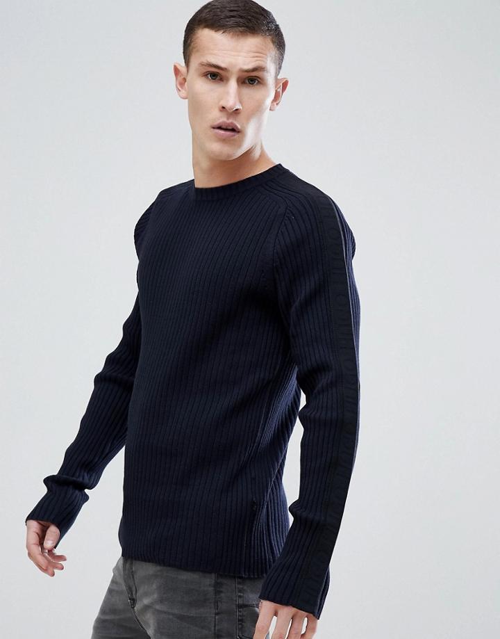 Hugo Tapped Detail Ribbed Sweater In Navy - Navy