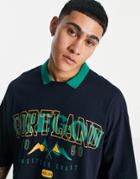 Asos Design Oversized Polo T-shirt In Navy With Collegiate Oregon City Print