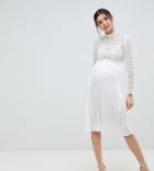 Little Mistress Maternity 3/4 Sleeve Lace Top Pleated Midi Dress - White